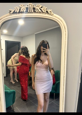 s Beden pembe Renk Pudra Drapeli Straplez Mini Elbise