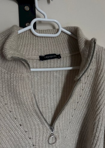 Bej Yarım Fermuarlı Örgü Kadın Kazak - Görsel 2