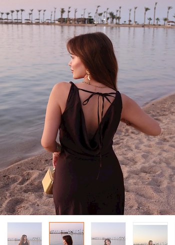 Kahverengi Saten Uzun V Yaka Elbise - Görsel 2