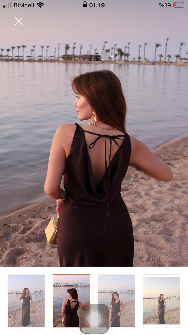 Kahverengi Saten Uzun V Yaka Elbise - Görsel 2