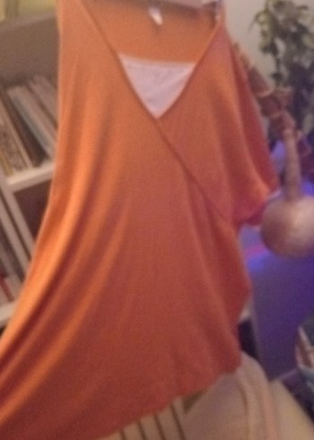 Oranj V-Yaka Kısa Kollu Bluz %100 Pamuk - Görsel 3