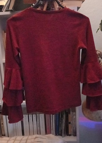 Bordo ispanyol Fırfırlı fakir Kollu Bluz - Görsel 3