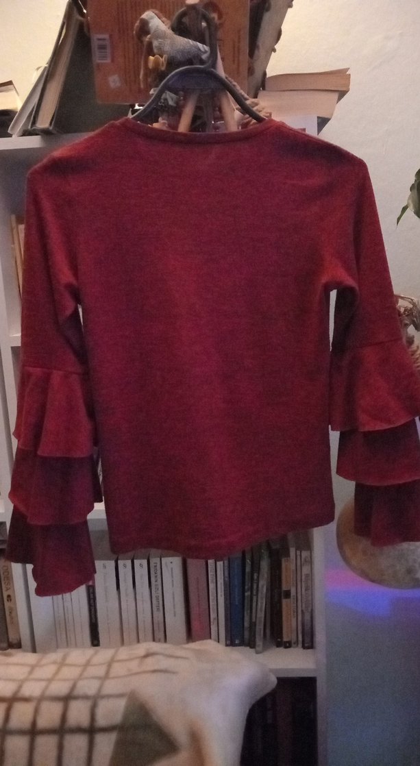 Bordo ispanyol Fırfırlı fakir Kollu Bluz - Görsel 3