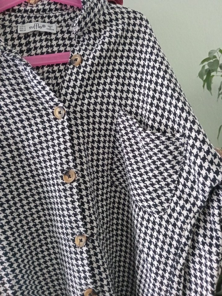 Düğmeli Gri Kareli Kadın Gömlek - Görsel 3