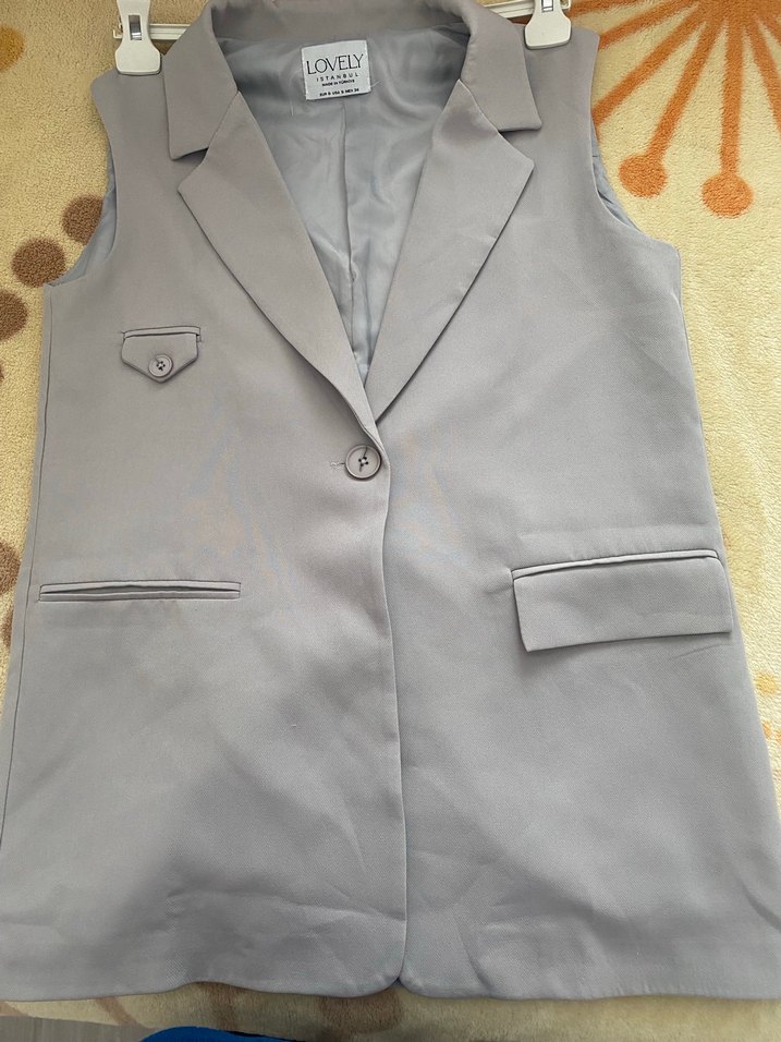 Düğmeli Kolsuz gri  Kadın Blazer - Görsel 4