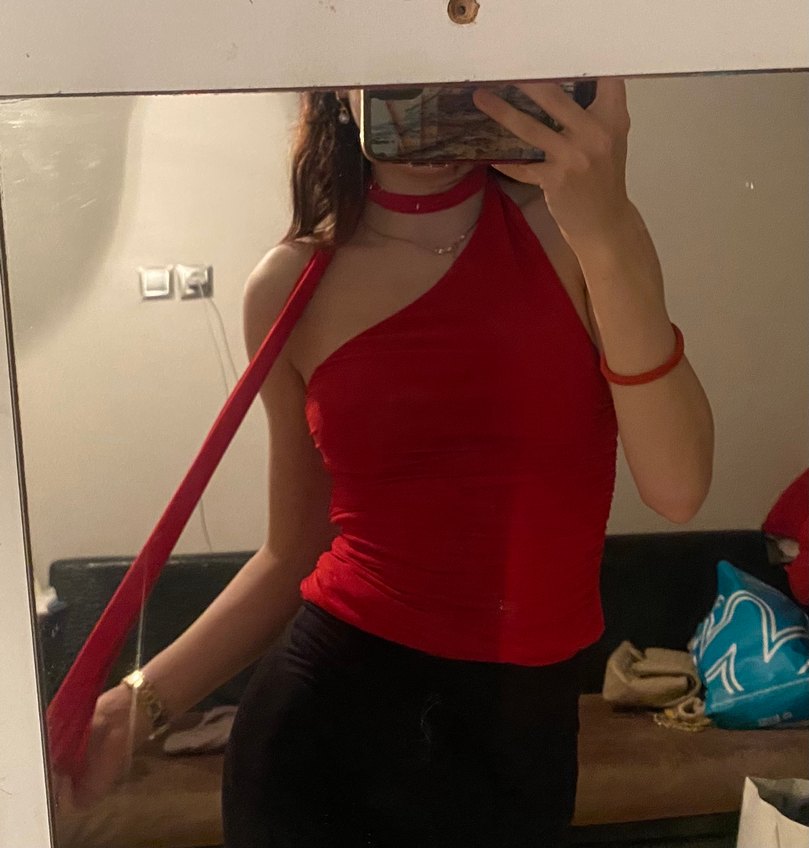 Kırmızı Drapeli Halter Yaka Crop Top - Görsel 2