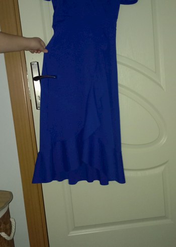 Mavi Drapeli V Yaka Uzun Elbise - Görsel 2