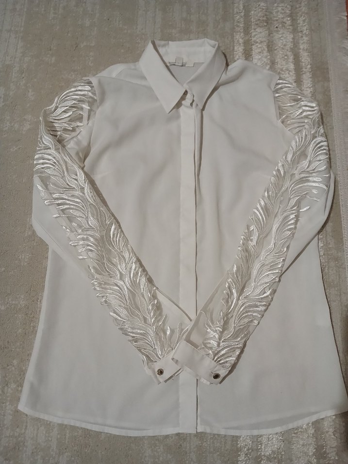 Parlak Beyaz Uzun Kollu Kadın Gömlek - Görsel 2