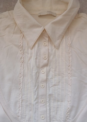 Düğmeli Beyaz Keten Uzun Kollu Kadın Gömlek - Görsel 2