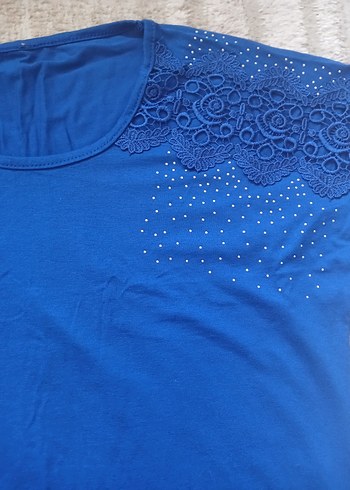 Dantel Detaylı Mavi Kadın Tişört - Görsel 3