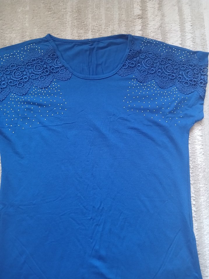 Dantel Detaylı Mavi Kadın Tişört - Görsel 2
