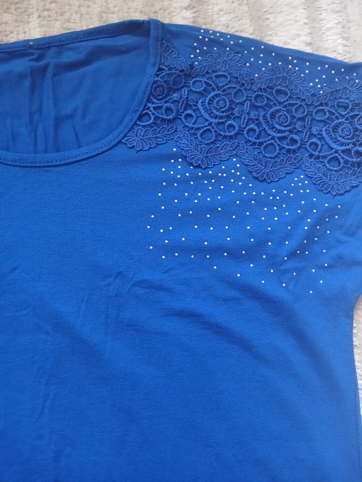 Dantel Detaylı Mavi Kadın Tişört - Görsel 3