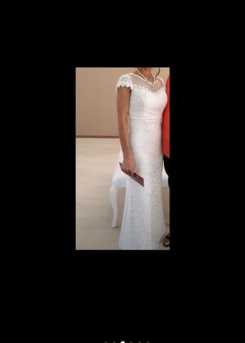 Beyaz Dantel Kısa Kollu Prenses Gelinlik - Görsel 3