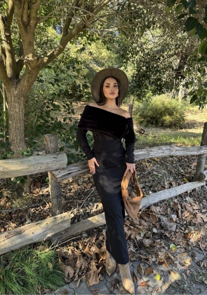 Drapeli Siyah Uzun Deri Elbise - Görsel 2