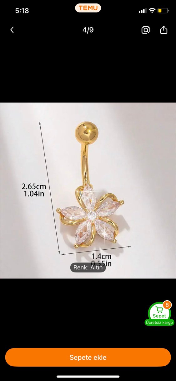 Altın Renkli Çiçek Motifli Boncuklu Göbek Piercingi - Görsel 4