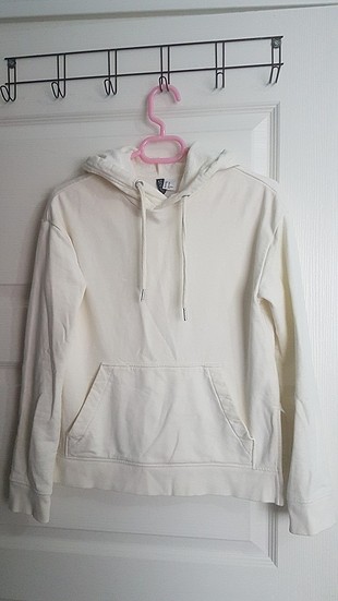 Beyaz H&M Kazak Sweat Şapkalı ve Cepli 