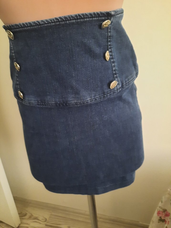 Düğmeli Lacivert Kot Etek - Görsel 4