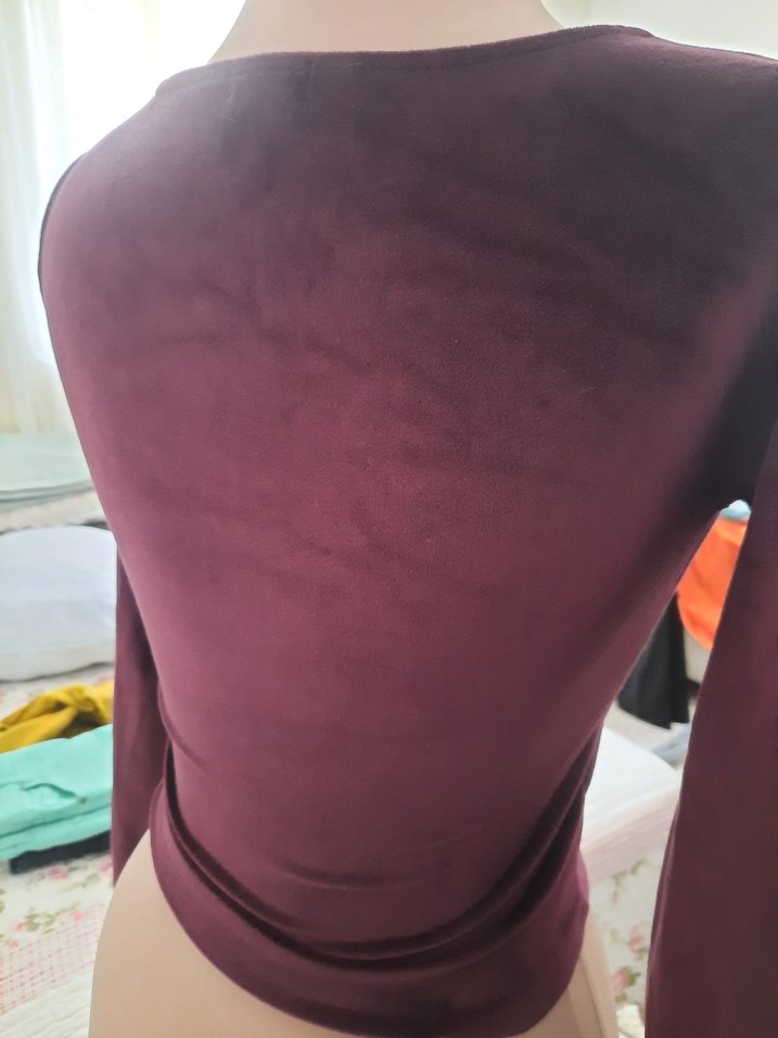 Bordo Kadın Süet Uzun Kollu Bluz - Görsel 4