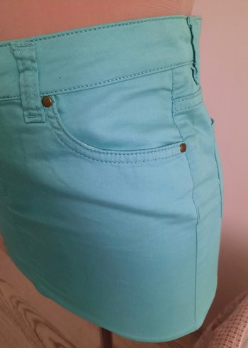 Düğmeli Turkuaz Mini Denim Etek - Görsel 3