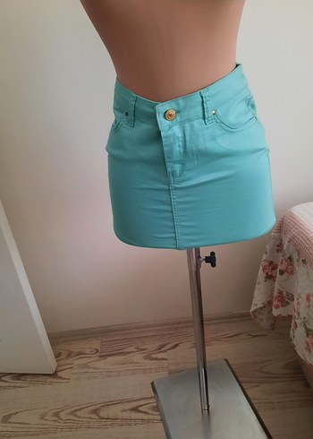 Düğmeli Turkuaz Mini Denim Etek - Görsel 7