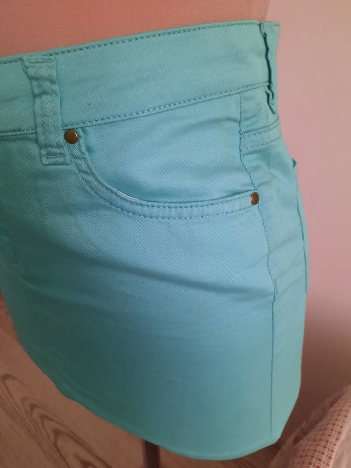 Düğmeli Turkuaz Mini Denim Etek - Görsel 3