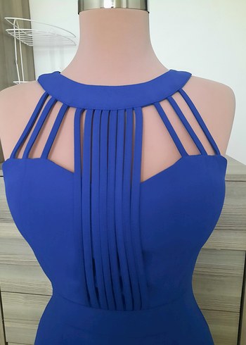 Mavi Pilili Strappy Kadın Abiye Elbise - Görsel 7