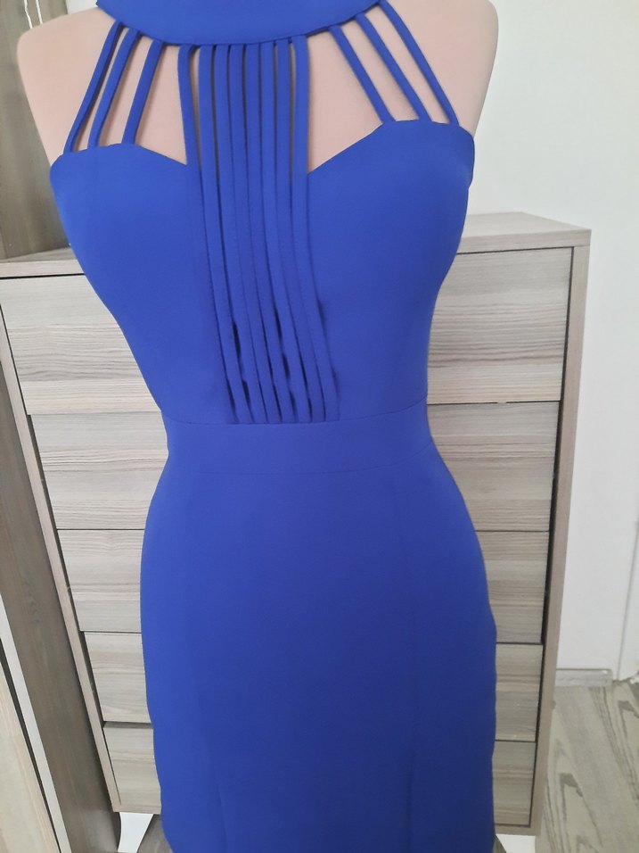 Mavi Pilili Strappy Kadın Abiye Elbise - Görsel 5