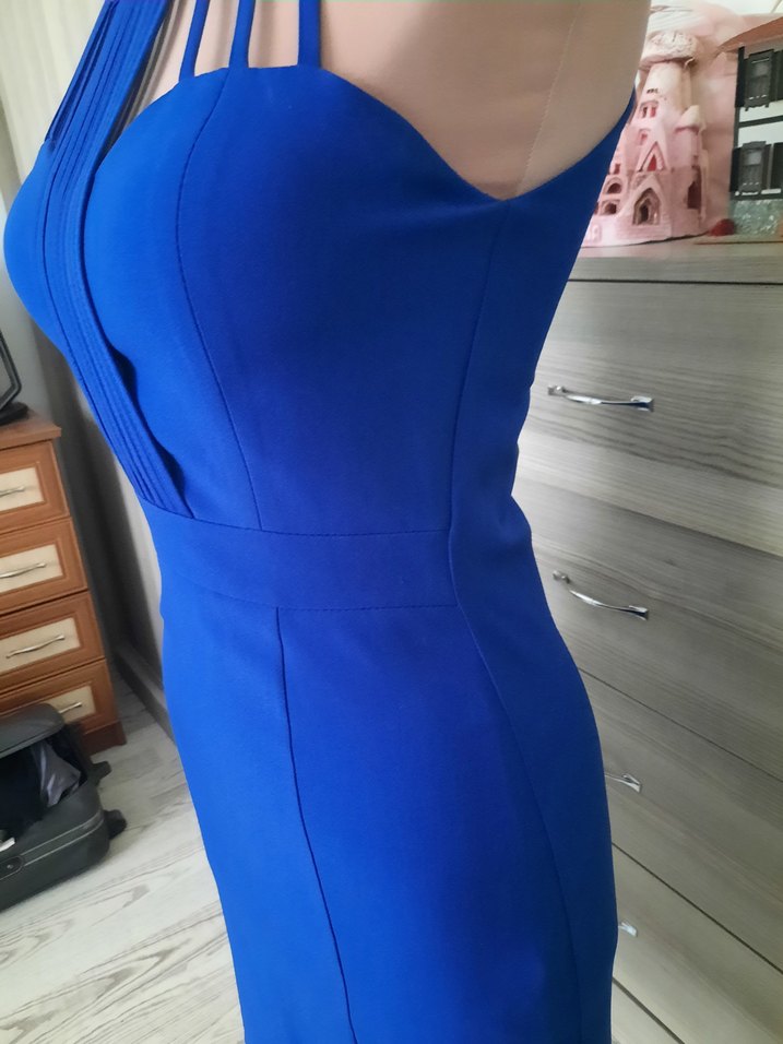 Mavi Pilili Strappy Kadın Abiye Elbise - Görsel 3