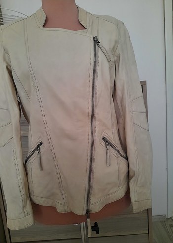 Bej Deri Kadın mont Fermuarlı - Görsel 5