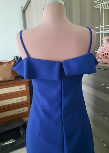 Saks mavisi V Yaka Drapeli Kadın Elbise - Görsel 11