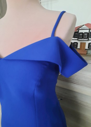 Saks mavisi V Yaka Drapeli Kadın Elbise - Görsel 3