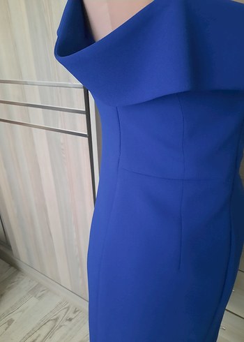 Saks mavisi V Yaka Drapeli Kadın Elbise - Görsel 9