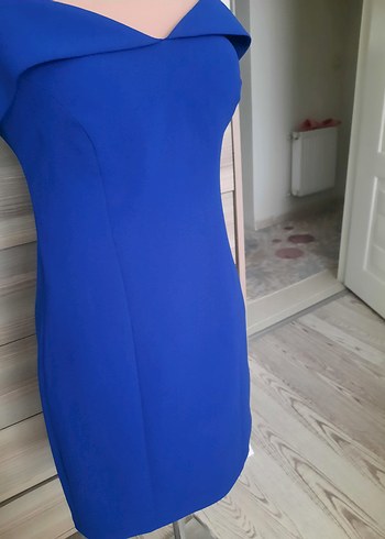 Saks mavisi V Yaka Drapeli Kadın Elbise - Görsel 5