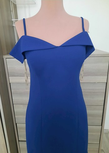 Saks mavisi V Yaka Drapeli Kadın Elbise - Görsel 4