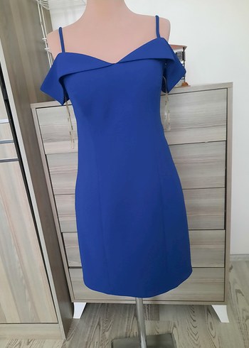 Saks mavisi V Yaka Drapeli Kadın Elbise - Görsel 2