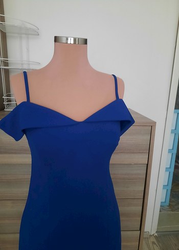 Saks mavisi V Yaka Drapeli Kadın Elbise - Görsel 6