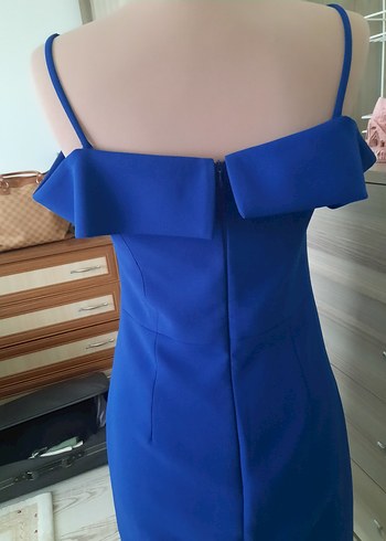 Saks mavisi V Yaka Drapeli Kadın Elbise - Görsel 10