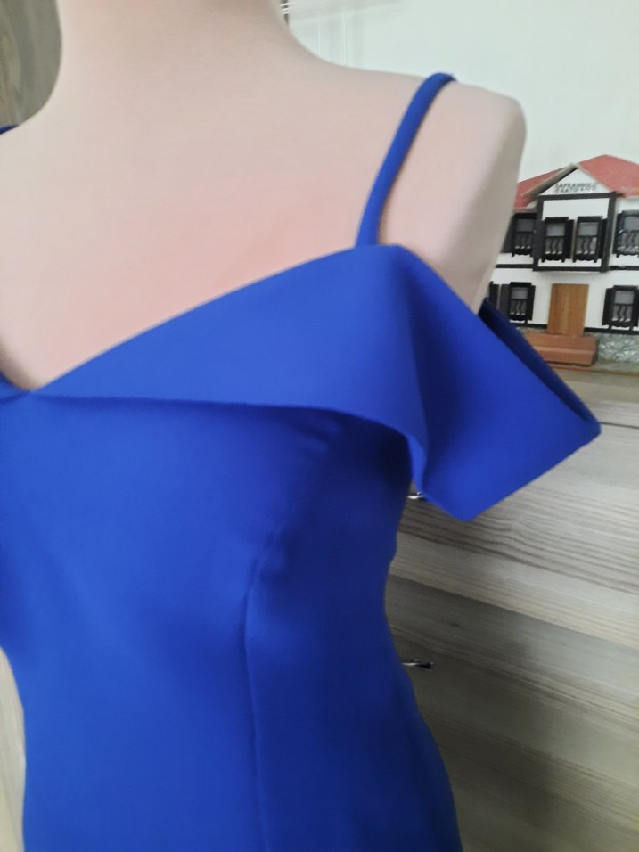 Saks mavisi V Yaka Drapeli Kadın Elbise - Görsel 3