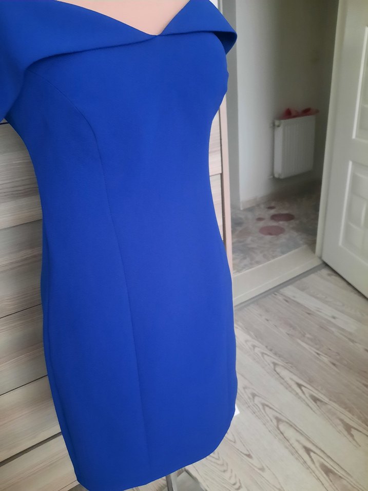 Saks mavisi V Yaka Drapeli Kadın Elbise - Görsel 5