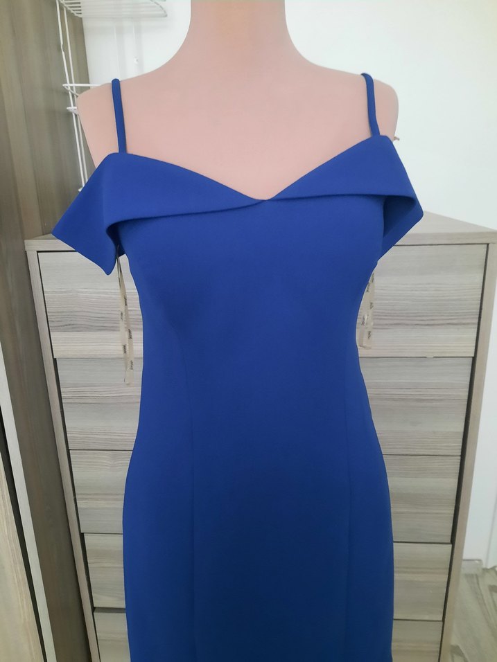 Saks mavisi V Yaka Drapeli Kadın Elbise - Görsel 4