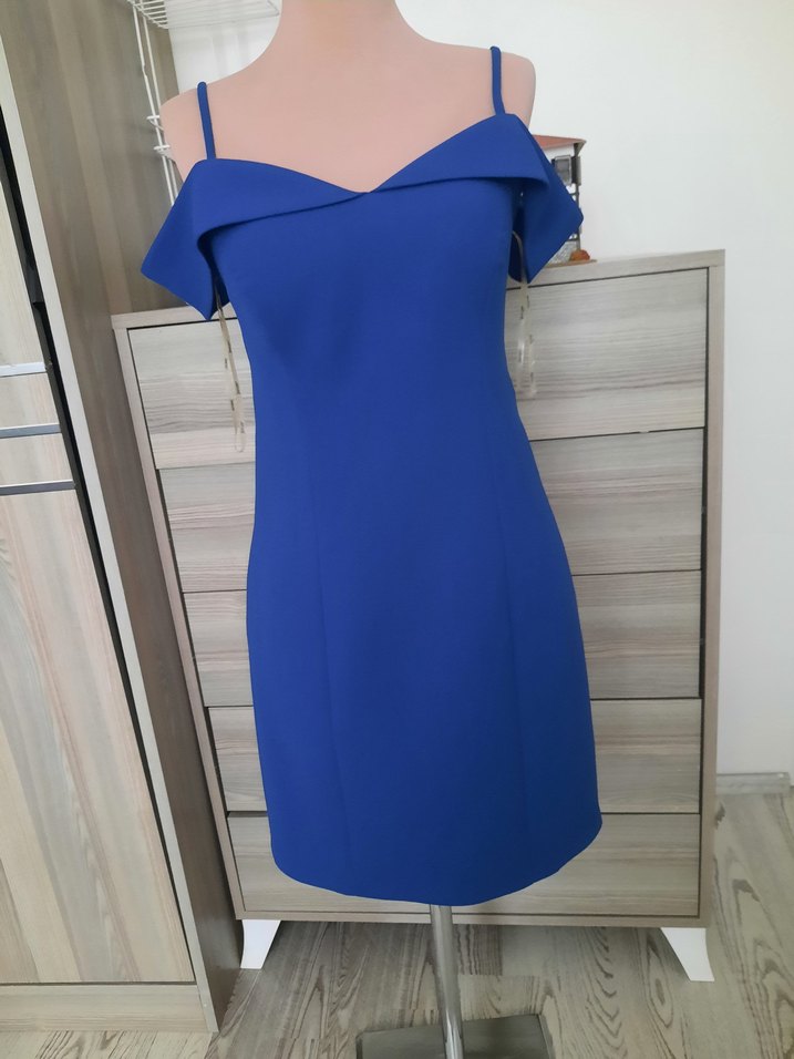 Saks mavisi V Yaka Drapeli Kadın Elbise - Görsel 2