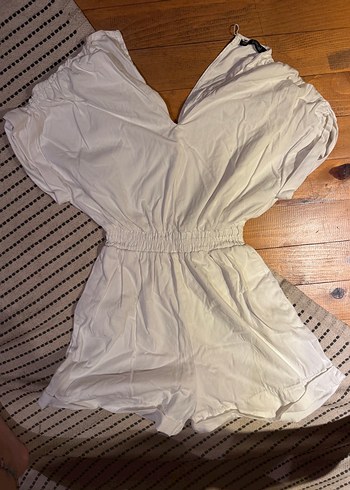 Beyaz V Yaka Keten Midi Kadın Tulum - Görsel 2