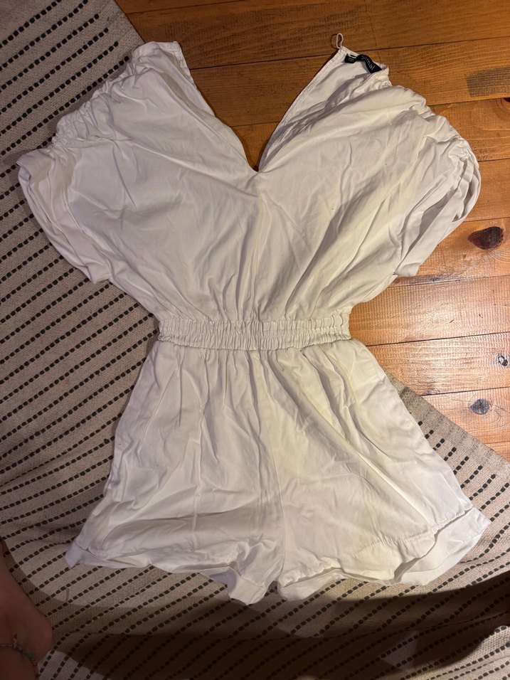 Beyaz V Yaka Keten Midi Kadın Tulum - Görsel 2