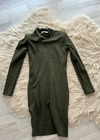 Haki Renk Yüksek Yakalı Kadın Triko Elbise - Görsel 4