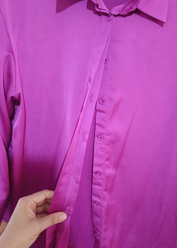 Fuşya pembe Düğmeli Saten Kadın Gömlek - Görsel 6