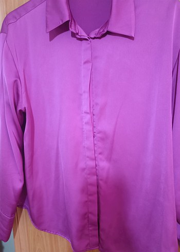 Fuşya pembe Düğmeli Saten Kadın Gömlek - Görsel 7