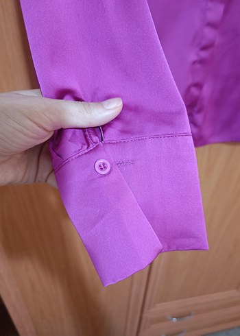 Fuşya pembe Düğmeli Saten Kadın Gömlek - Görsel 3