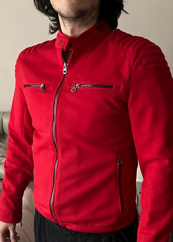Zara Kırmızı Fermuarlı Erkek Biker Ceket - Görsel 2