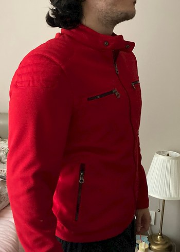 Zara Kırmızı Fermuarlı Erkek Biker Ceket - Görsel 4