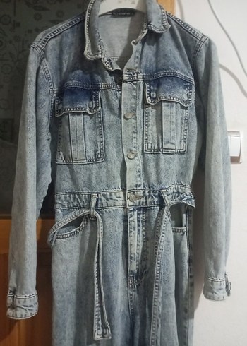 Kadın Gri mavimsi Düğmeli kot tulum - Görsel 2